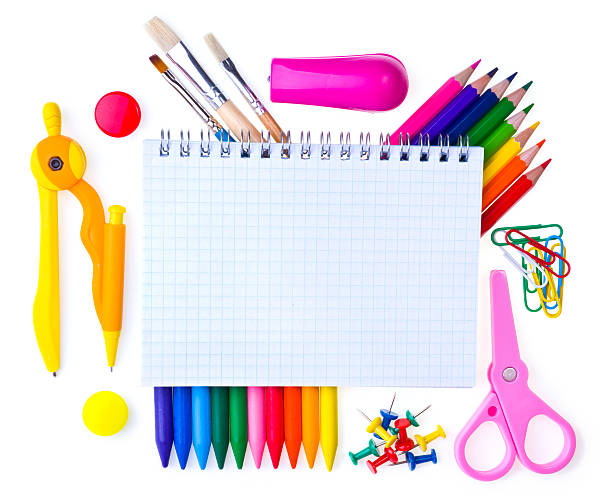 istock Colorful school supplies with notebook, pencils and pins 453765867