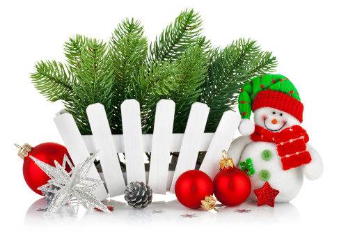 christmas tree with snowman and red balls isolated on white background