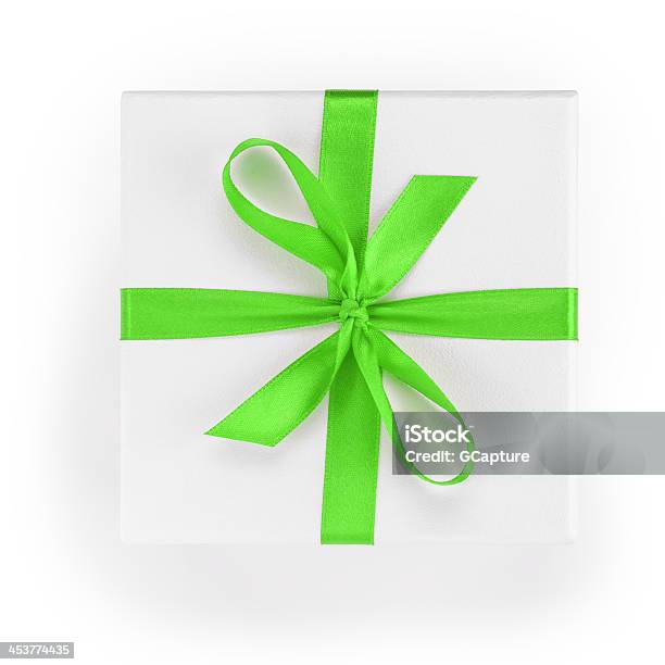 White Textured Gift Box With Green Ribbon Percent Symbol Stock Photo - Download Image Now