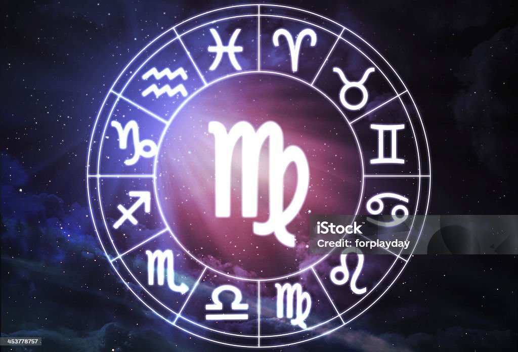 Virgo - horoscope circle on beautiful space background Aquarius - Astrology Sign stock illustration