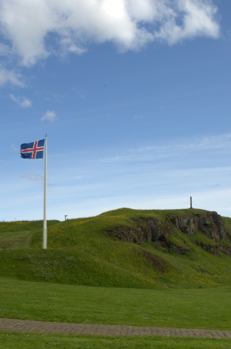 Icelandic flag on Videy Island near Reykjavik, Iceland