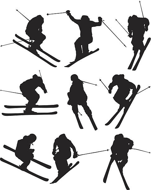 skifahrer in aktion - abfahrtslauf stock-grafiken, -clipart, -cartoons und -symbole