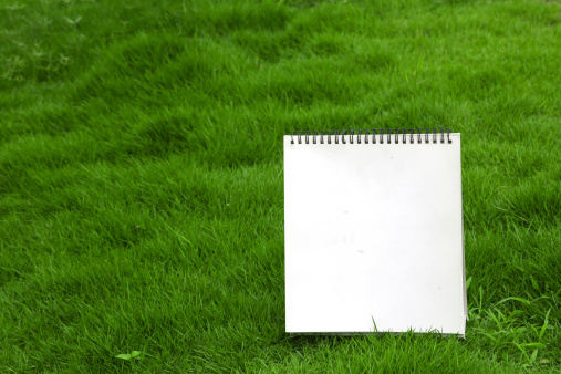 Old notebook on grass. Visible spots on paper.