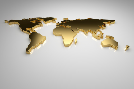 Golden world map on gray background, 3d render