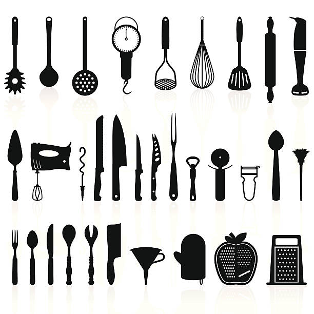 Kitchen Utensils Silhouette Pack 1 - Cooking Tools Detailed and precise kitchen utensils silhouettes/icons set. Includes the most common kitchen tools. Layered composition. cooking utensil stock illustrations