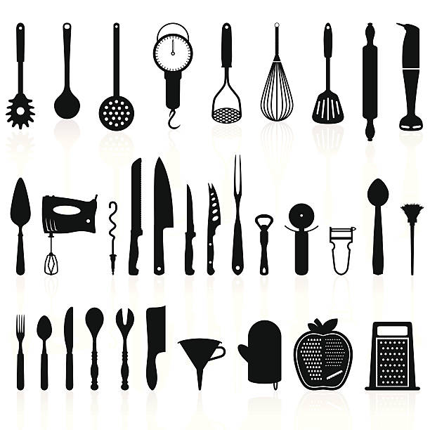 Kitchen Utensils Silhouette Pack 1 - Cooking Tools Detailed and precise kitchen utensils silhouettes/icons set. Includes the most common kitchen tools. Layered composition. box cutter knife stock illustrations