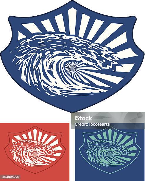 Surf Escudo Com Grande Onda Dostencil - Arte vetorial de stock e mais imagens de Ao Ar Livre - Ao Ar Livre, Brasão, Chapinhar