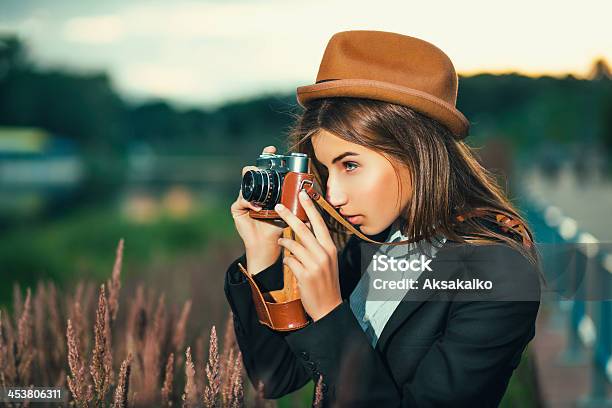 Beautiful Hipster Girl Shooting Stock Photo - Download Image Now - Old-fashioned, Retro Style, Camera - Photographic Equipment