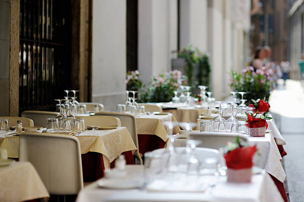 istock Table set for an event party in outside restaurant 453821395