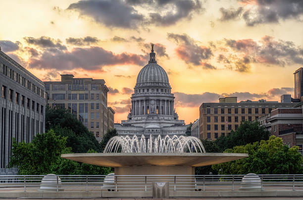 Monona Terrace Fountain in the state capitol of Madison, WI at twilight united