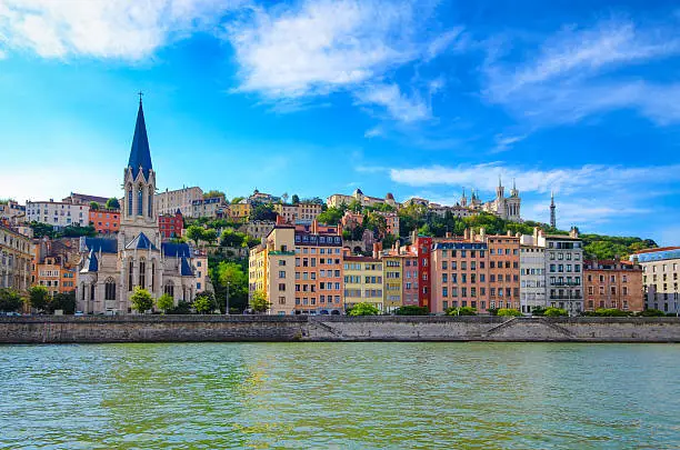 Lyon cityscape from Saone river with colorful houses and river, France