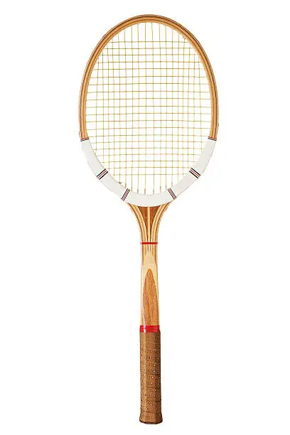 Retro wooden tennis racket isolated on white