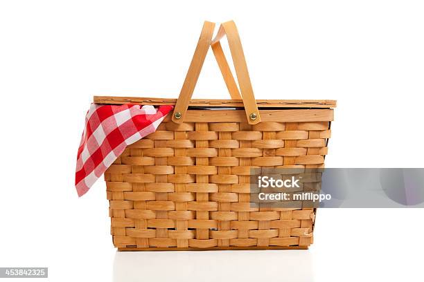 Wicker Picnic Basket With Gingham Cloth Stock Photo - Download Image Now - Picnic Basket, Picnic, Basket