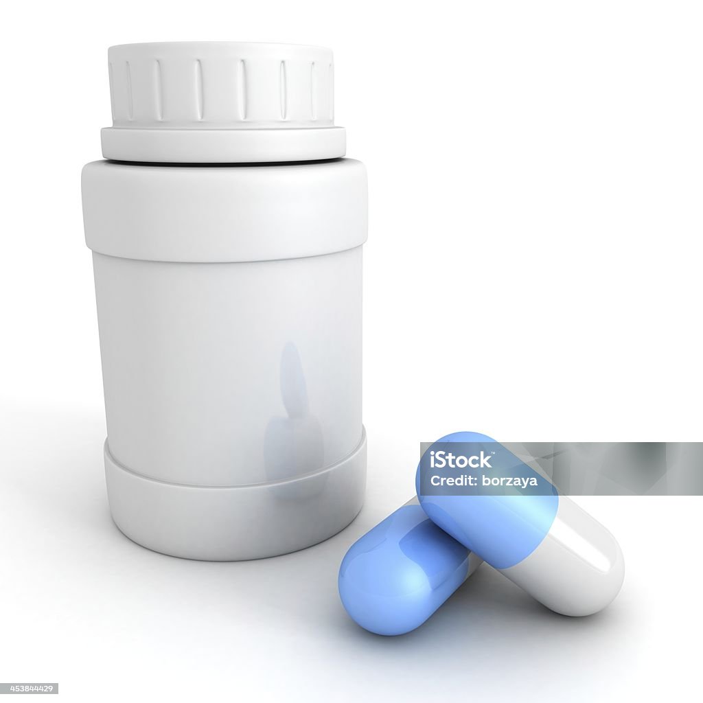 Blaue Medizin Tabletten mit weißen Flasche Behälter - Lizenzfrei Bestürzt Stock-Foto
