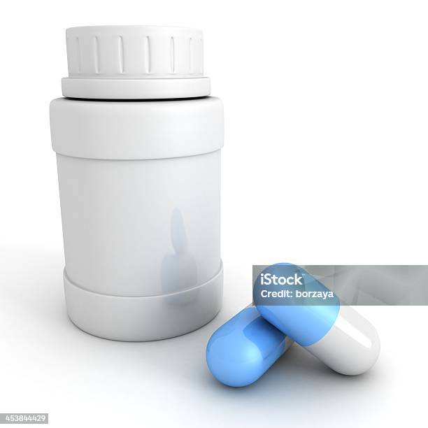 Blue Medycznych Pigułki Z Butelki Biały Pojemnik - zdjęcia stockowe i więcej obrazów Buteleczka na tabletki - Buteleczka na tabletki, Butelka, Ból