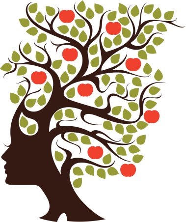 Silhouette of woman's head with branches, leaves and apples.