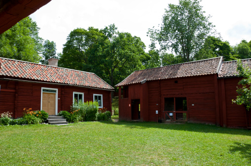 Traditional wooden farmhouse, barns and outbuildings, in Sweden in the 1800 - century.