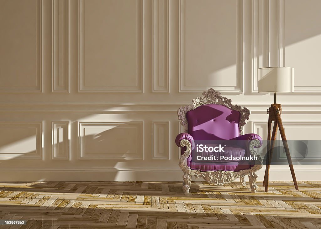 Room interior with classic designed chair classic interior with armchair floor lamp & wall panels Indoors Stock Photo