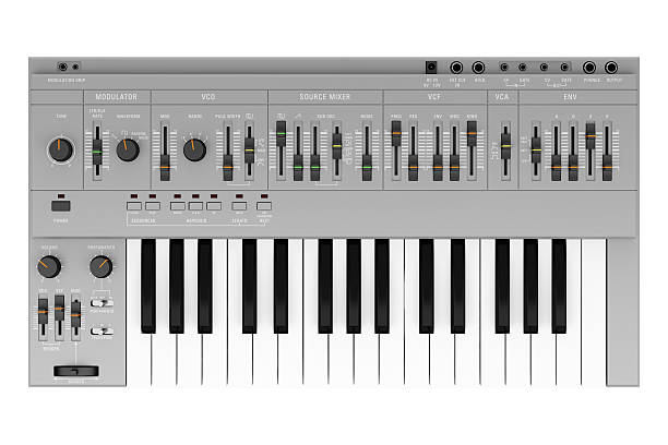 top view of gray synthesizer isolated on white background