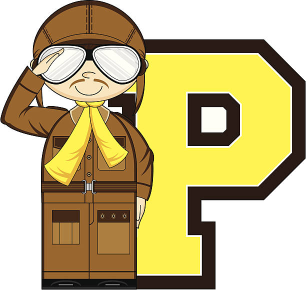 WW1 Style Pilot Learning Letter P Cute Little World War Two Style Pilot Letter P Alphabet Learning Illustration. ww1 helmet stock illustrations