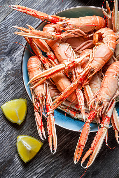 istock Freshly cooked scampi in a blue bowl 453880435