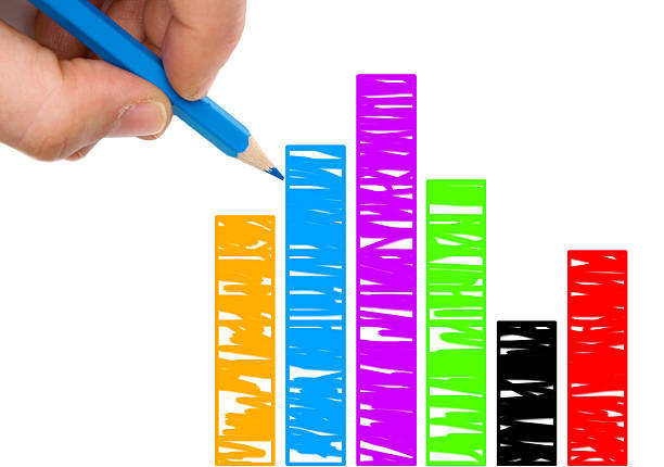 Hand with blue pen drawing a colorfull graphic isolated over white