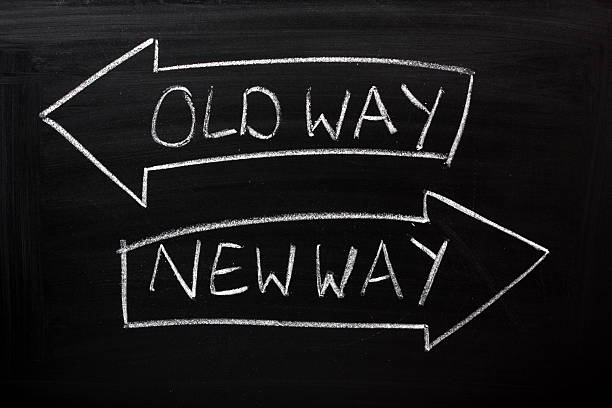 istock Two arrows with old way and new way in them on a chalkboard 453886289