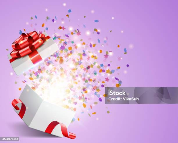 Open Gift With Fireworks From Confetti Vector Background Stock Illustration - Download Image Now