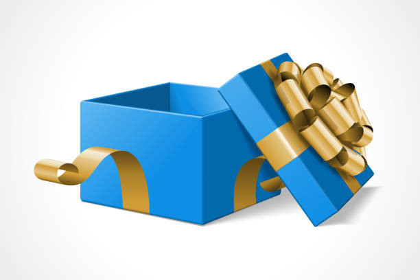 Open Gift Box With Gold Bow Isolated On White Stock Illustration - Download  Image Now - Blue, Gift Box, Opening - iStock
