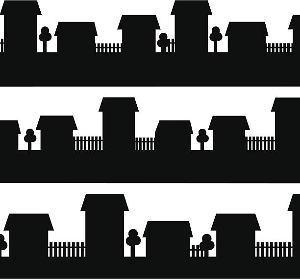 Set of black borders with houses, trees, fences Set of black isolated silhouette borders with houses, trees and fences - vector artwork rail fence stock illustrations