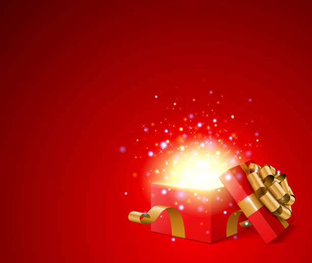 Open gift with fireworks from light vector art illustration