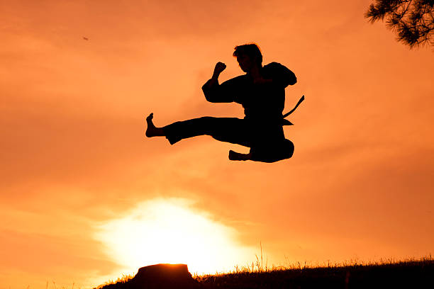 mujer de silueta practicar artes marciales, karate.  puesta de sol.  al aire libre.  sky. - martial arts women tae kwon do black belt fotografías e imágenes de stock