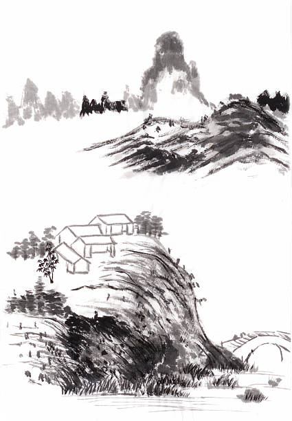 韓国の自然風景水墨画韓国の伝統絵画 - 図画のベクターアート素材や