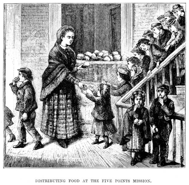 Distributing food at the Mission Vintage engraving of distributing food at the Five Points, Mission, Manhattan, New York. 1882 engraved image photos stock illustrations
