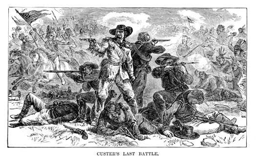 General Custer's last stand during the battle of the Little Bighorn (June 25–26, 1876). Antique engraved image.
