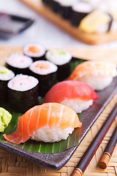 istock Various Japanese sushi on a plate, shallow depth of field 453943715