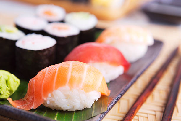 istock Various Japanese sushi on a plate, shallow depth of field 453944005