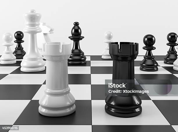 Chess Towers In Confrontation Stock Photo - Download Image Now - Black Color, Board Game, Business