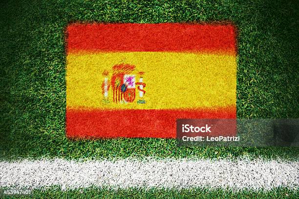 Испания Флаг Напечатано На Футбольное Поле — стоковые фотографии и другие картинки Мадрид - Мадрид, Футбол, 2014
