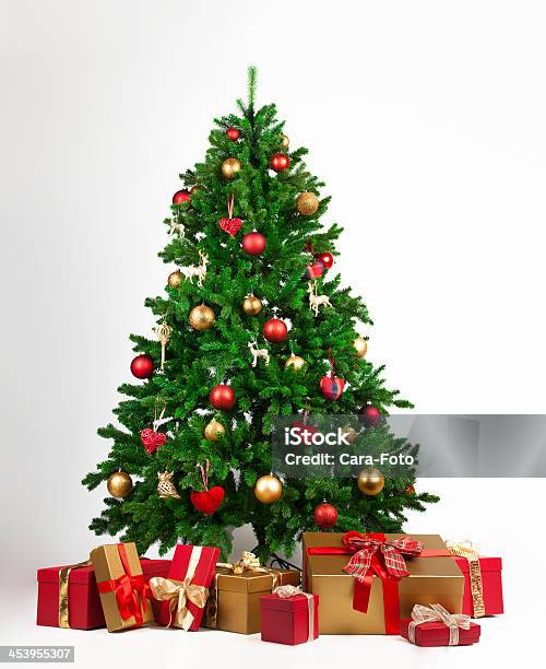 Christmas Tree With Many Present Boxes Stock Photo - Download Image Now - Christmas Tree, Gift, Cut Out