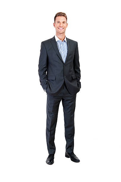 Full body portrait of happy smiling business man, isolated stock photo