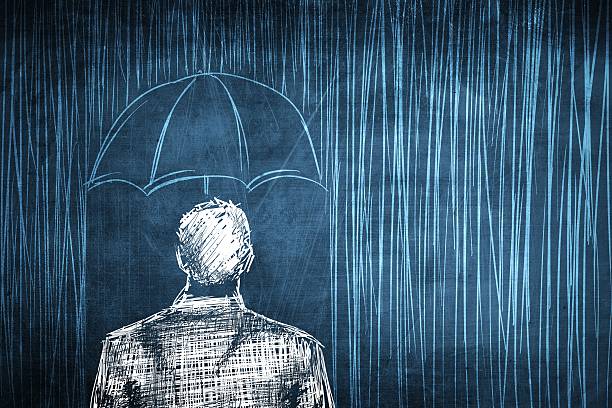 istock Sketch protected businessman concept, umbrella and rain 453970197