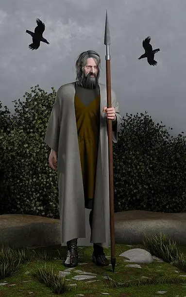 Odin the Wanderer, Allfather of the Norse Gods with his spear (Gungnir) and the two ravens (Huginn and Muninn, Thought and Memory), 3d digitally rendered illustration