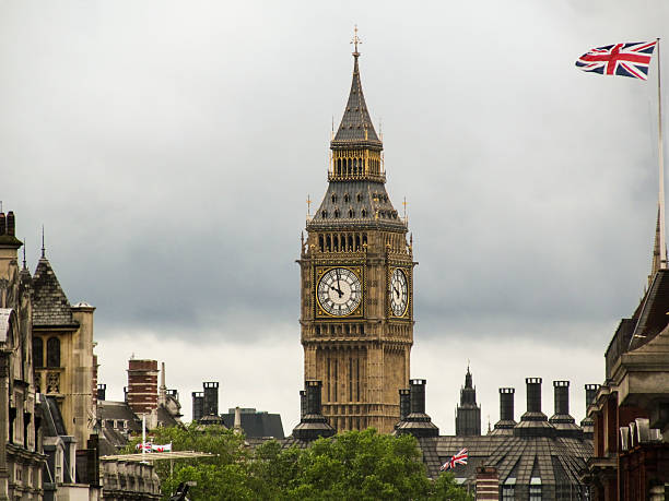 big beng and england flag with a cloudy sky