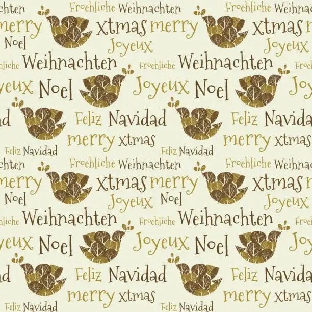 Vector illustration of Christmas seamless pattern text peace pigeon languages