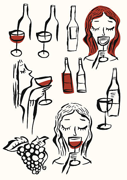 illustrazioni stock, clip art, cartoni animati e icone di tendenza di vini, occhiali, donna, degustazione di vino, uva e grappolo di uva. - wine champagne bottle mulled wine