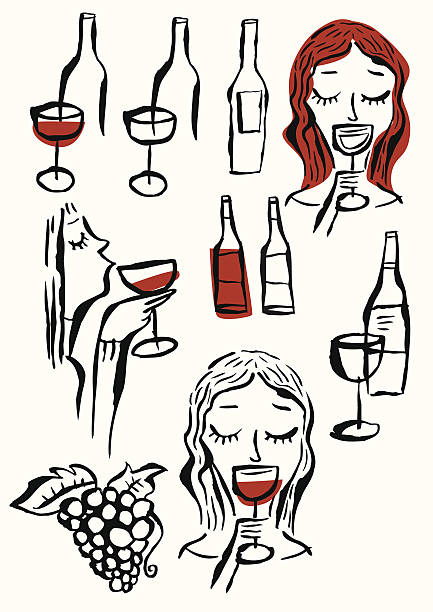 stockillustraties, clipart, cartoons en iconen met wines , glasses, woman tasting wine, grape and bunch of grapes. - drinking wine