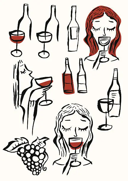 Vector illustration of Wines , glasses, woman tasting wine, grape and Bunch of grapes.