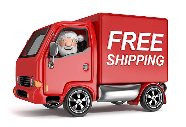 comic weihnachtsmann mit kostenlosem versand truck - christmas three dimensional shape small men stock-fotos und bilder