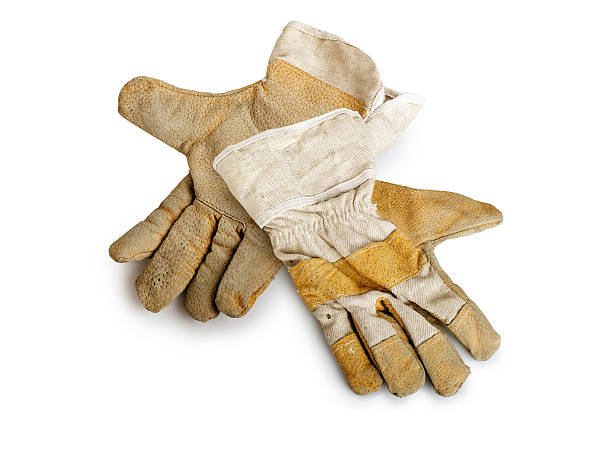 istock Dirty well-worn pair of canvas and leather work gloves 454005677